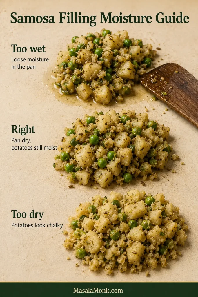 Three portions of potato-and-pea samosa filling showing overly wet, properly moist and overly dry textures.