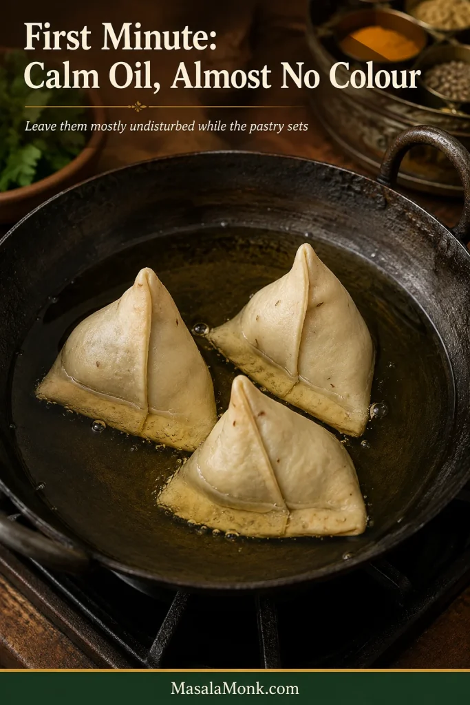 Three very pale Punjabi samosas frying gently in a heavy pan with small bubbles during the first minute.