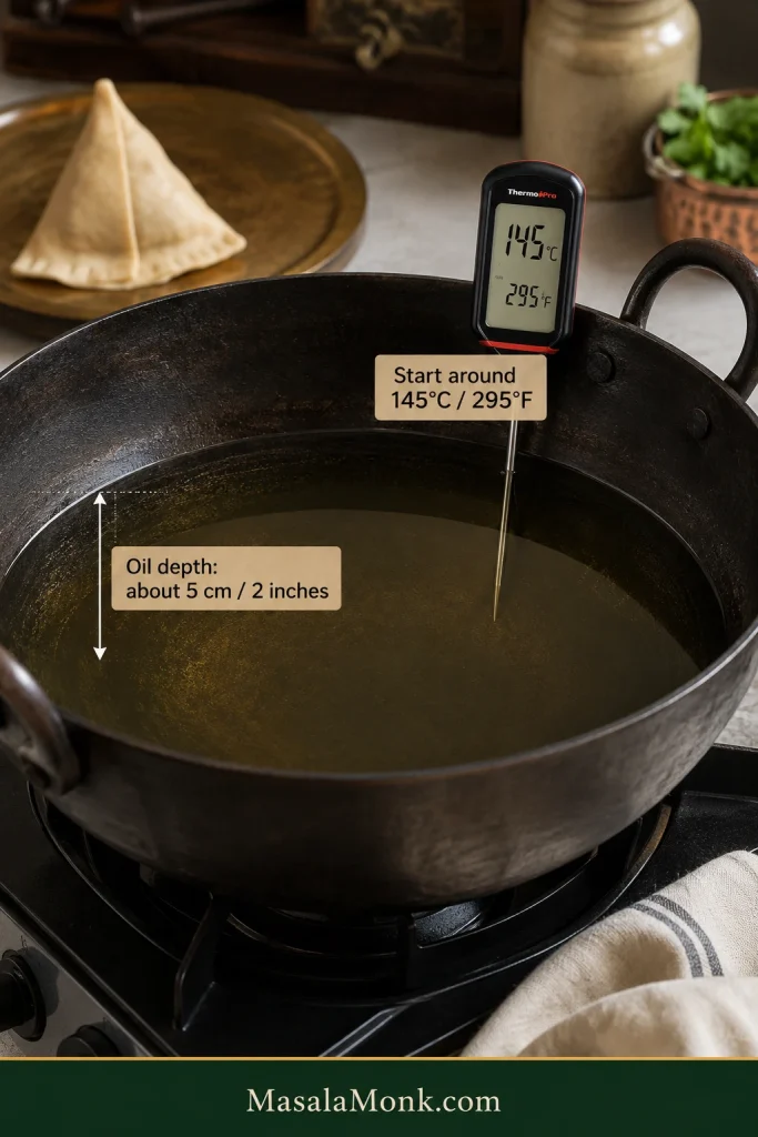 Heavy pot containing about 5 cm or 2 inches of frying oil with a thermometer indicating a starting temperature around 145°C or 295°F.
