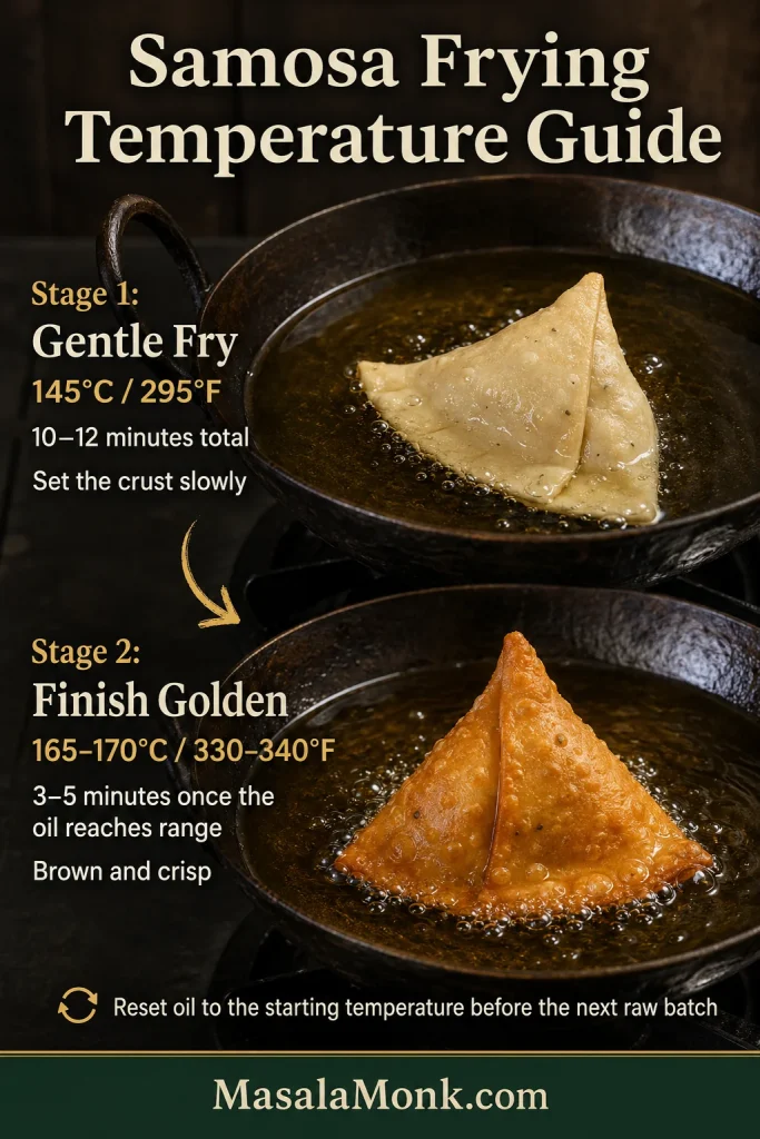 Samosa frying guide showing a gentle fry around 145°C or 295°F for 10–12 minutes, followed by a 165–170°C or 330–340°F finish for about 3–5 minutes.