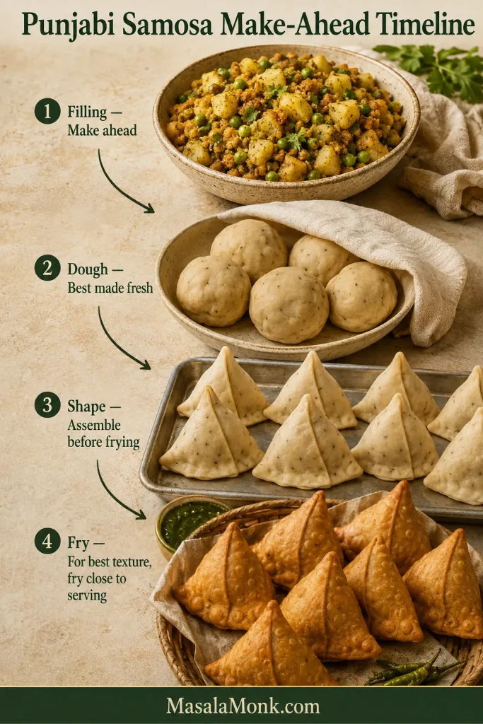 Make-ahead sequence showing cooled potato-pea filling, fresh samosa dough, shaped raw samosas and finished fried samosas.