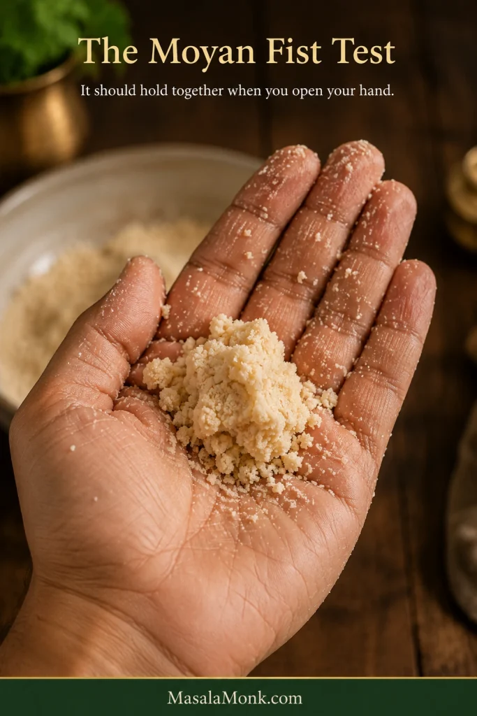 Hand holding a compressed clump of flour-and-fat mixture that keeps its shape while loose crumbs remain around the edges.