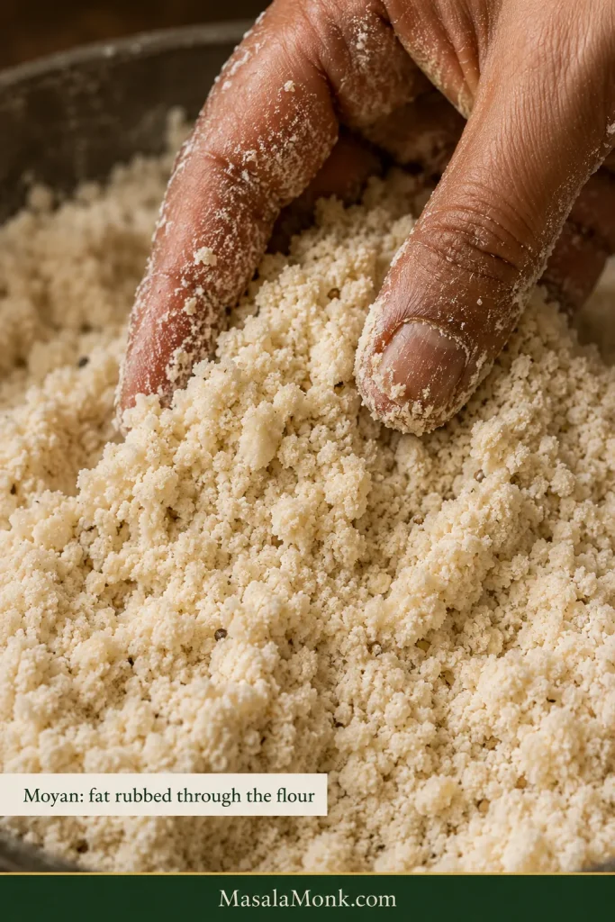 Fingers working flour and fat into a coarse, crumbly moyan mixture before any water is added.