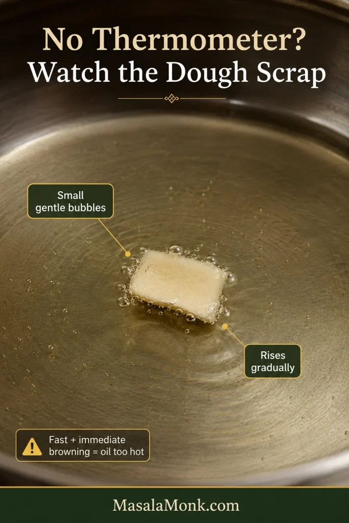 Small scrap of samosa dough rising gradually through frying oil with gentle bubbles around it.