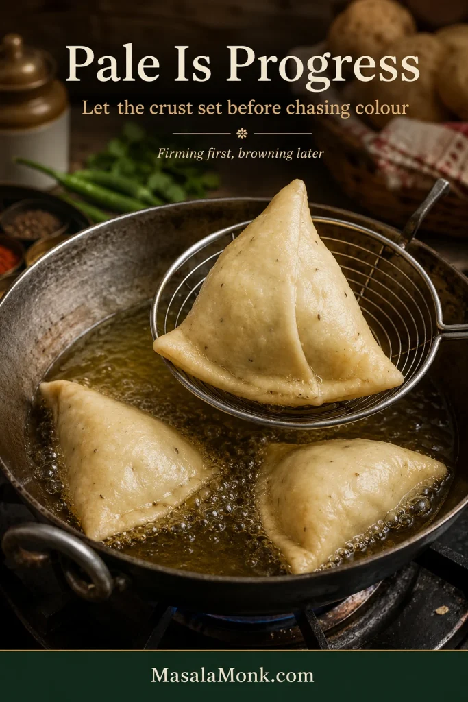 Pale samosas several minutes into gentle frying, with one lifted from the oil to show a firm but barely browned crust.
