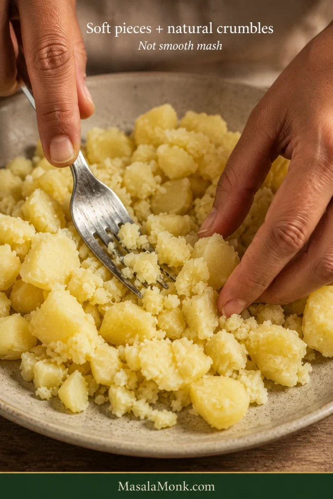 Cooked potatoes being broken into irregular soft pieces and smaller crumbles for samosa filling instead of mashed smooth.