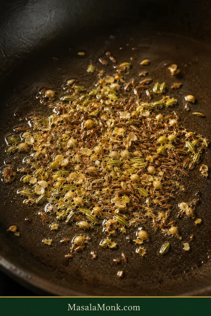 Close-up of cumin, crushed coriander and fennel seeds gently sizzling in a shallow layer of hot fat.