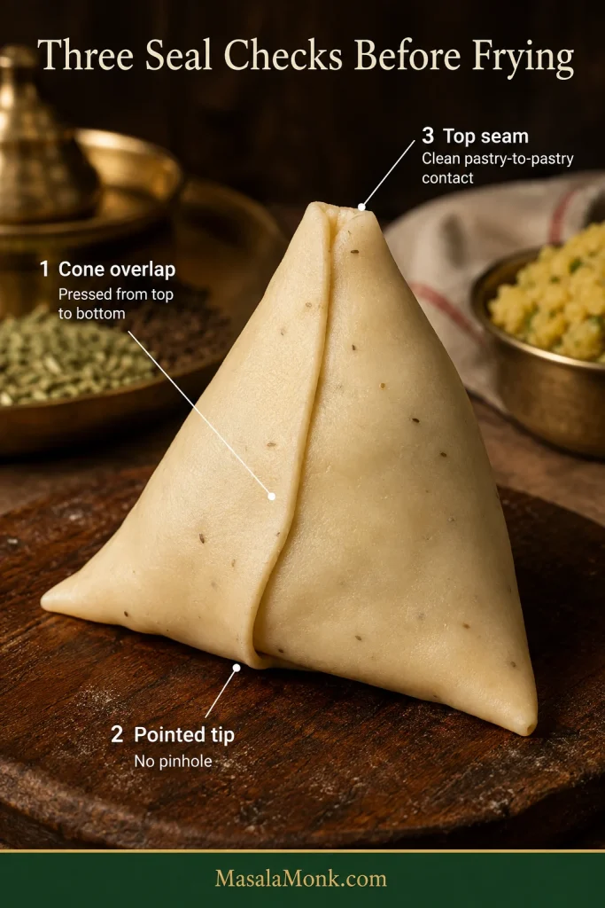 Annotated raw Punjabi samosa marking the cone overlap seam, pointed bottom tip and final top seam to check before frying.