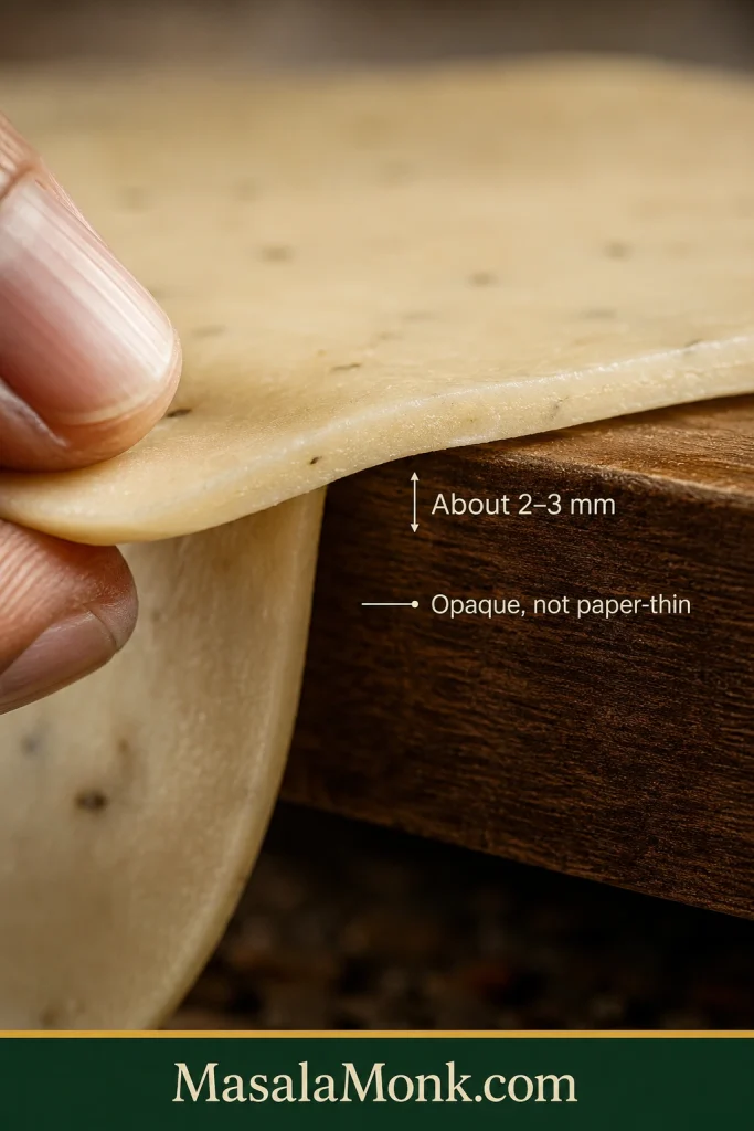 Close side view of opaque rolled samosa pastry showing a wrapper about 2–3 mm thick.