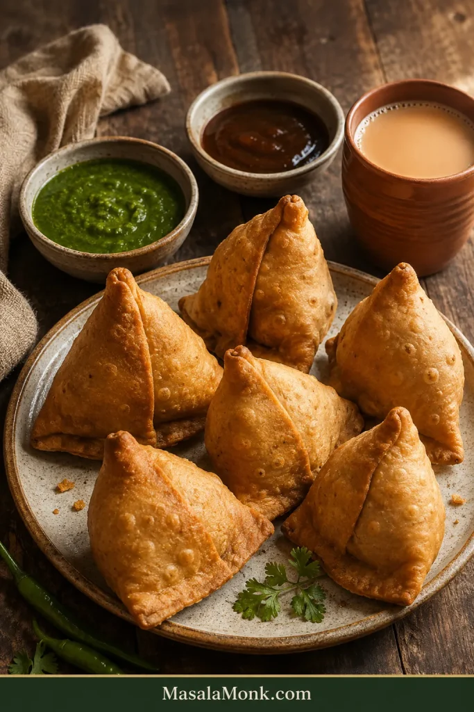 Six golden Punjabi samosas served with green chutney, dark tamarind chutney and a cup of chai.