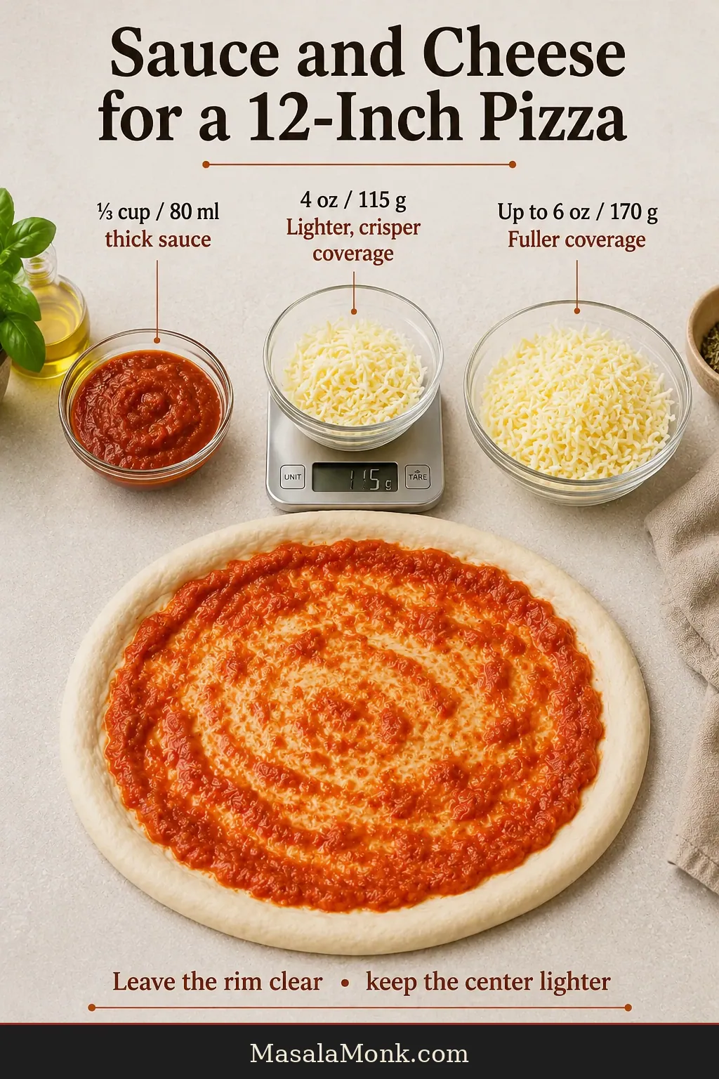 Measured thick tomato sauce and two portions of shredded low-moisture mozzarella beside a sauced 12-inch pizza dough round.