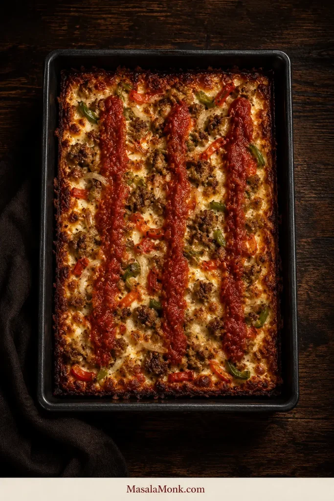 Overhead Detroit-style pizza topped with browned sausage, softened red and green peppers, cooked onions, tomato sauce stripes, and caramelized cheese edges.