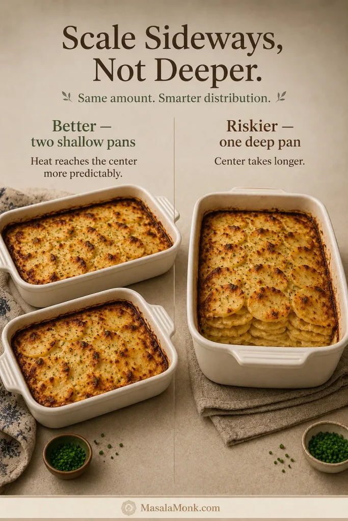 Same amount of scalloped potatoes divided between two shallow pans compared with one deep casserole where the center takes longer to cook.