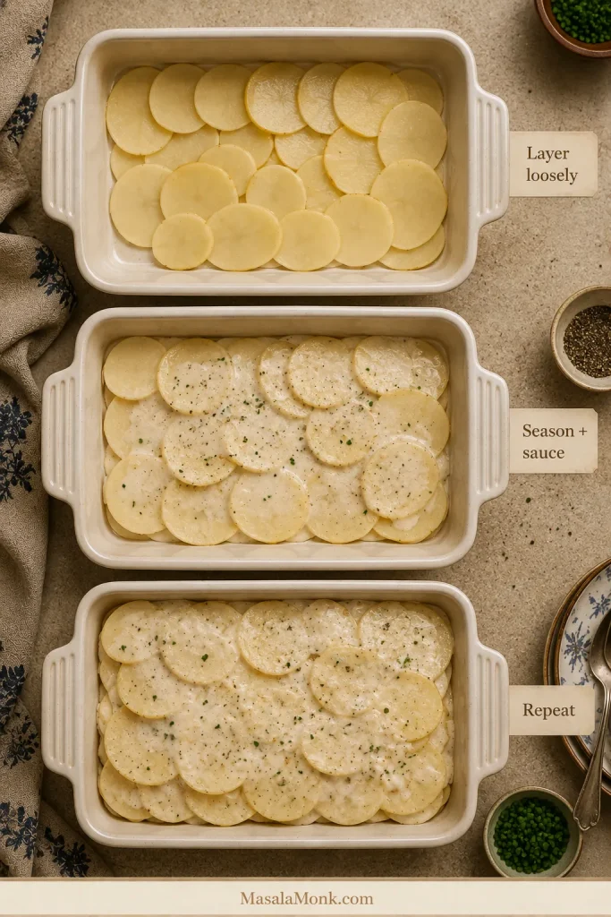 Three-step scalloped potato assembly showing loosely overlapping slices, seasoning and white sauce, then repeated layers in a shallow casserole.