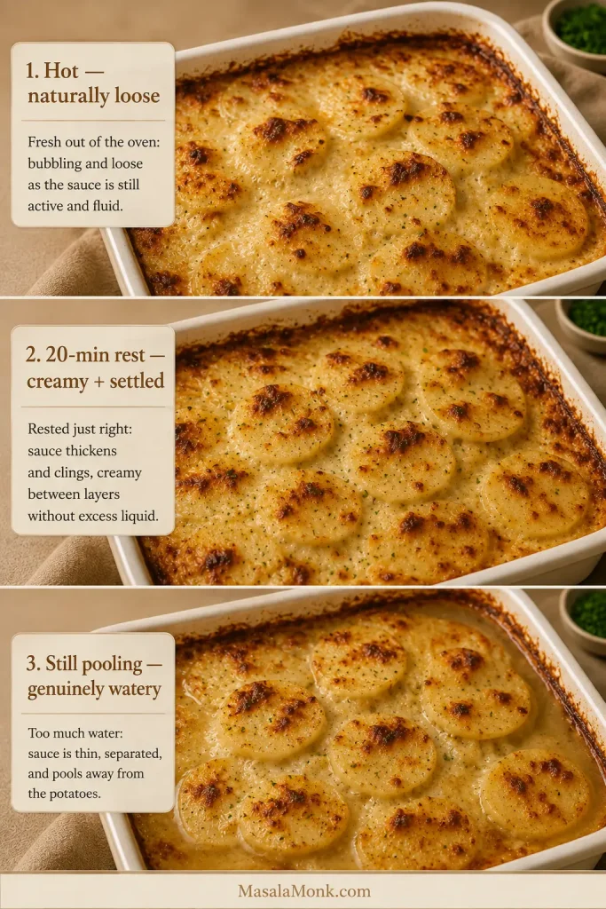 Scalloped potatoes shown before baking, pale and bubbling after the foil is removed, and finished with irregular golden browning.