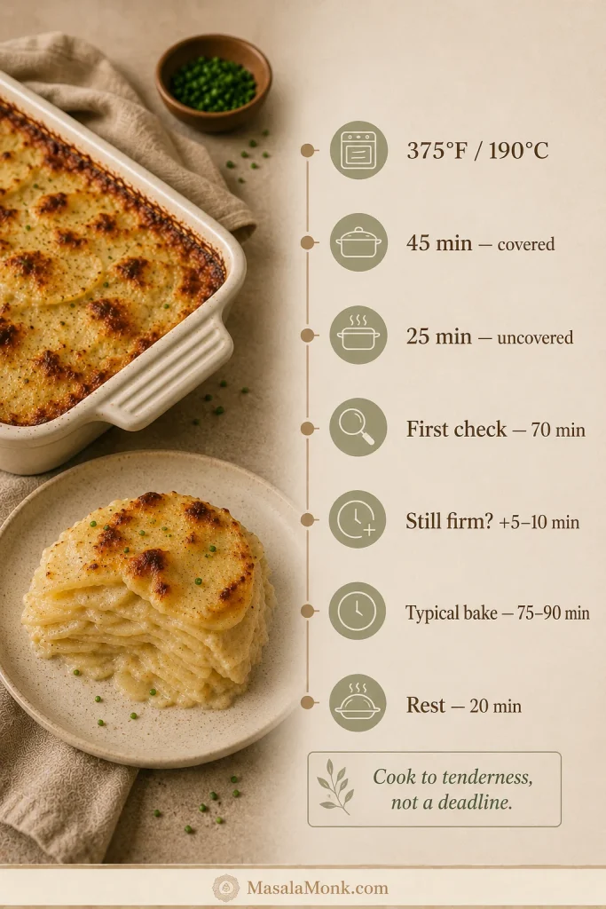 Baking timeline showing 45 minutes covered, 25 minutes uncovered, a first check at 70 minutes, more time if firm, and a 20-minute rest.