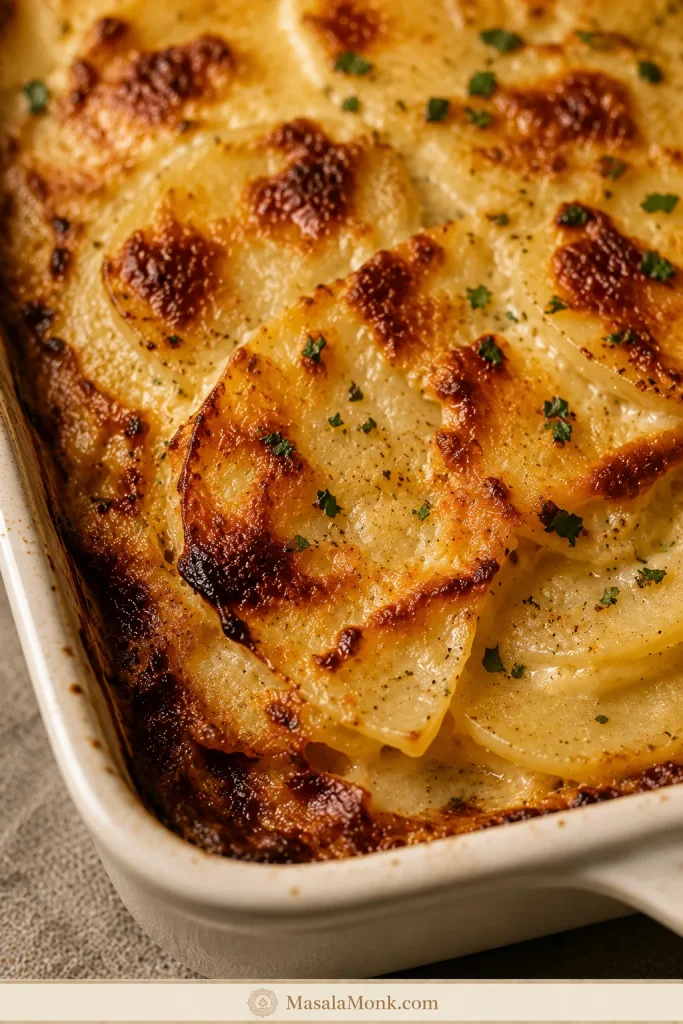 Close-up of a browned corner portion of scalloped potatoes with golden edges and a creamy layered interior.