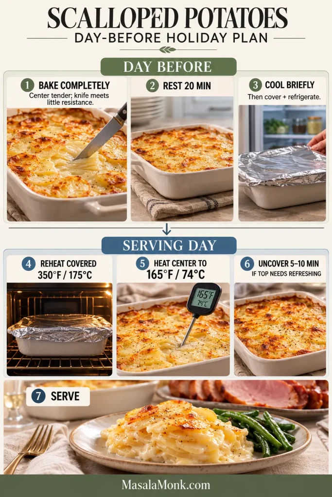 Day-before holiday timeline showing the casserole baked until tender, rested, cooled briefly and refrigerated, then reheated covered at 350 degrees Fahrenheit to 165 degrees before a short uncovered finish.