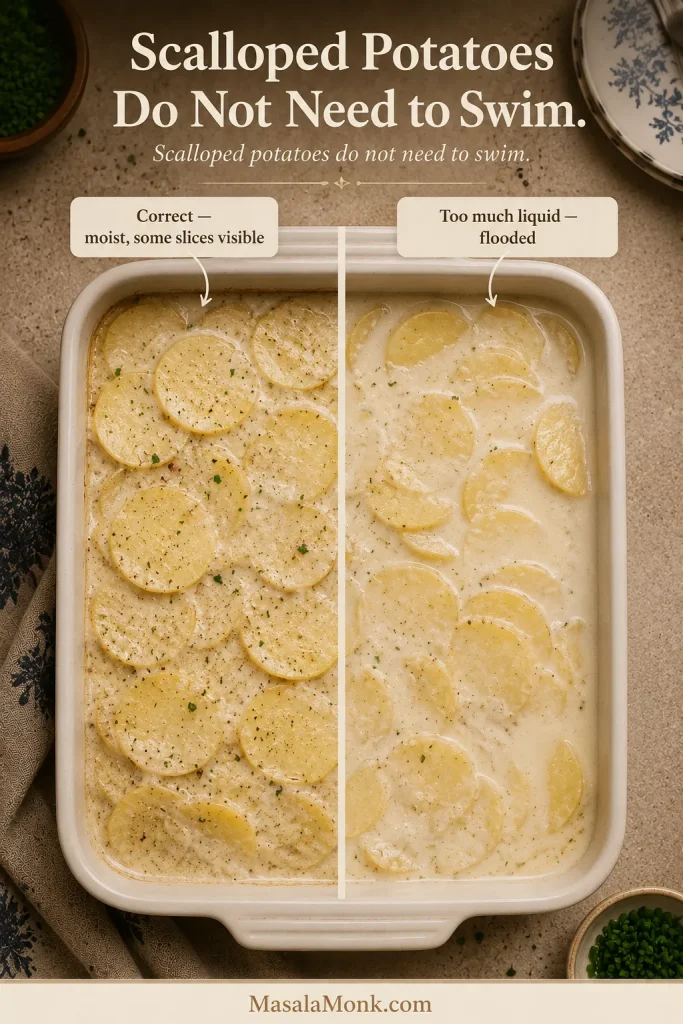 Correctly sauced scalloped potatoes with some slices visible compared with an overfilled casserole where excess liquid surrounds the potatoes.