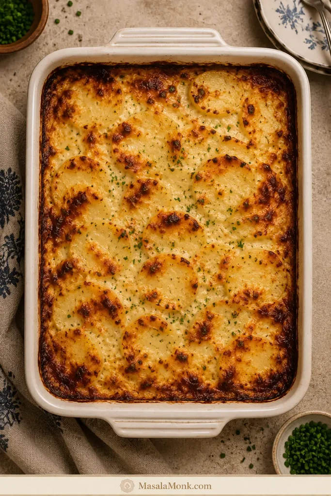 Overhead view of a shallow casserole of scalloped potatoes with irregular golden patches and darker browning around the perimeter.
