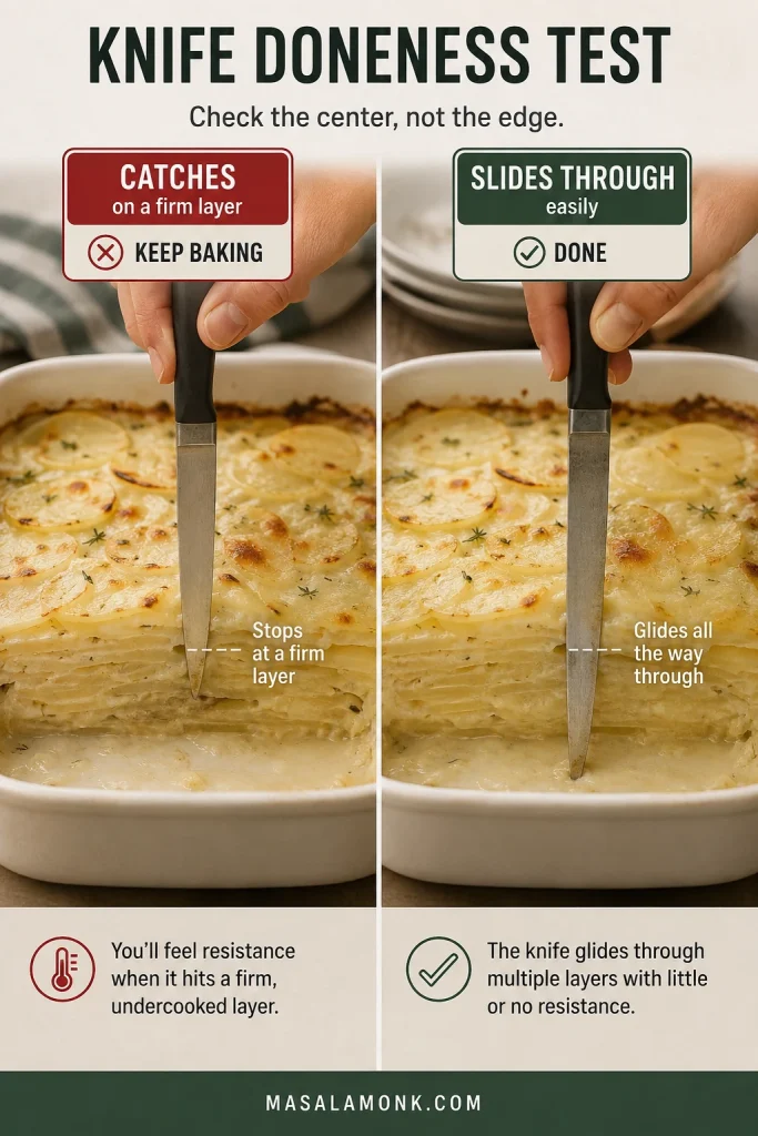 Thin knife stopping at a firm center layer of scalloped potatoes compared with the knife sliding easily through fully tender layers.
