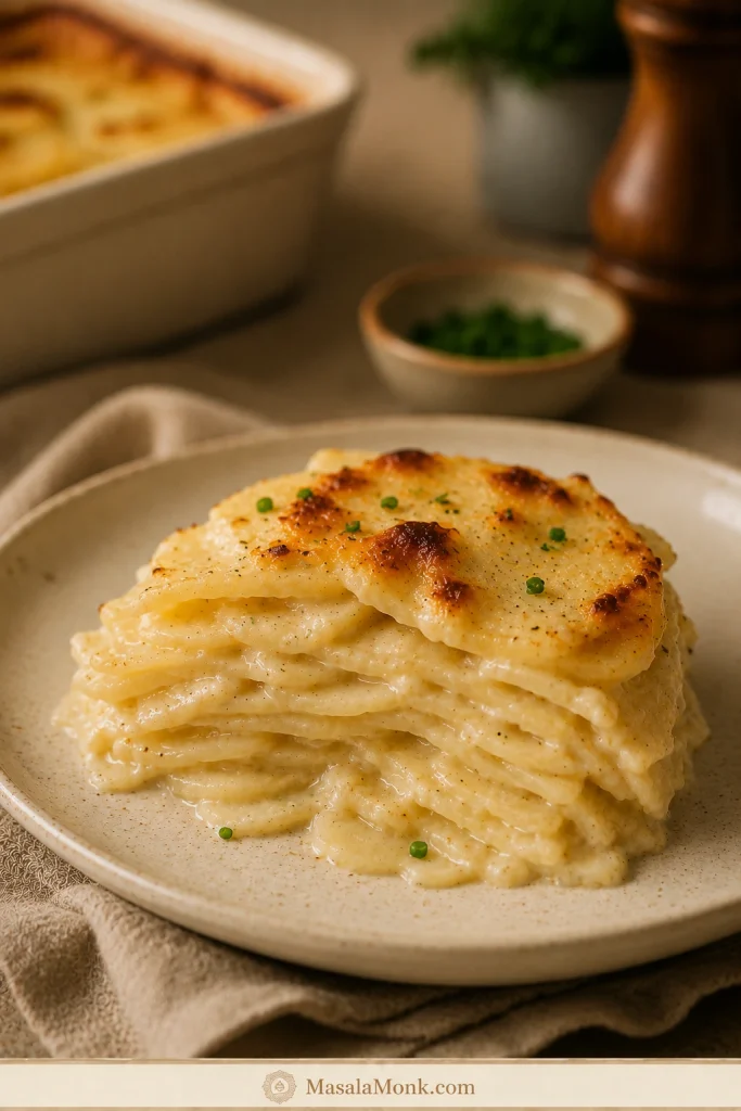 Side view of scalloped potatoes showing many thin, tender potato layers separated by creamy white sauce.