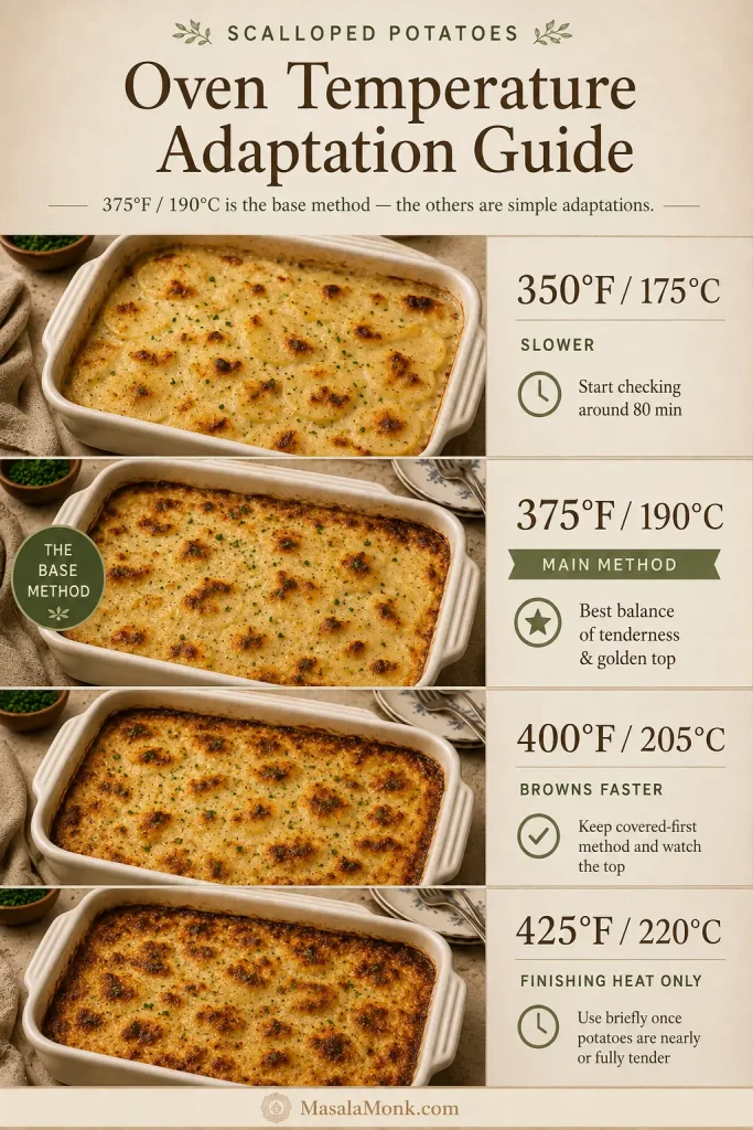 Oven temperature guide showing 350 degrees Fahrenheit as slower, 375 as the main method, 400 as faster browning and 425 as finishing heat only.