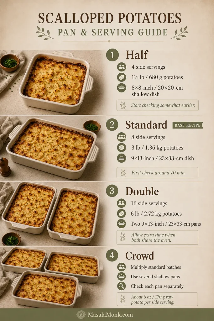 Pan and serving guide showing a half batch in an 8-inch square dish, the standard batch in a 9-by-13-inch dish, a double batch in two 9-by-13-inch pans, and several shallow pans for a crowd.