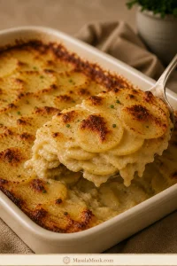 Shallow casserole of scalloped potatoes with a serving lifted to reveal thin, tender potato layers coated in creamy sauce and browned around the edges.