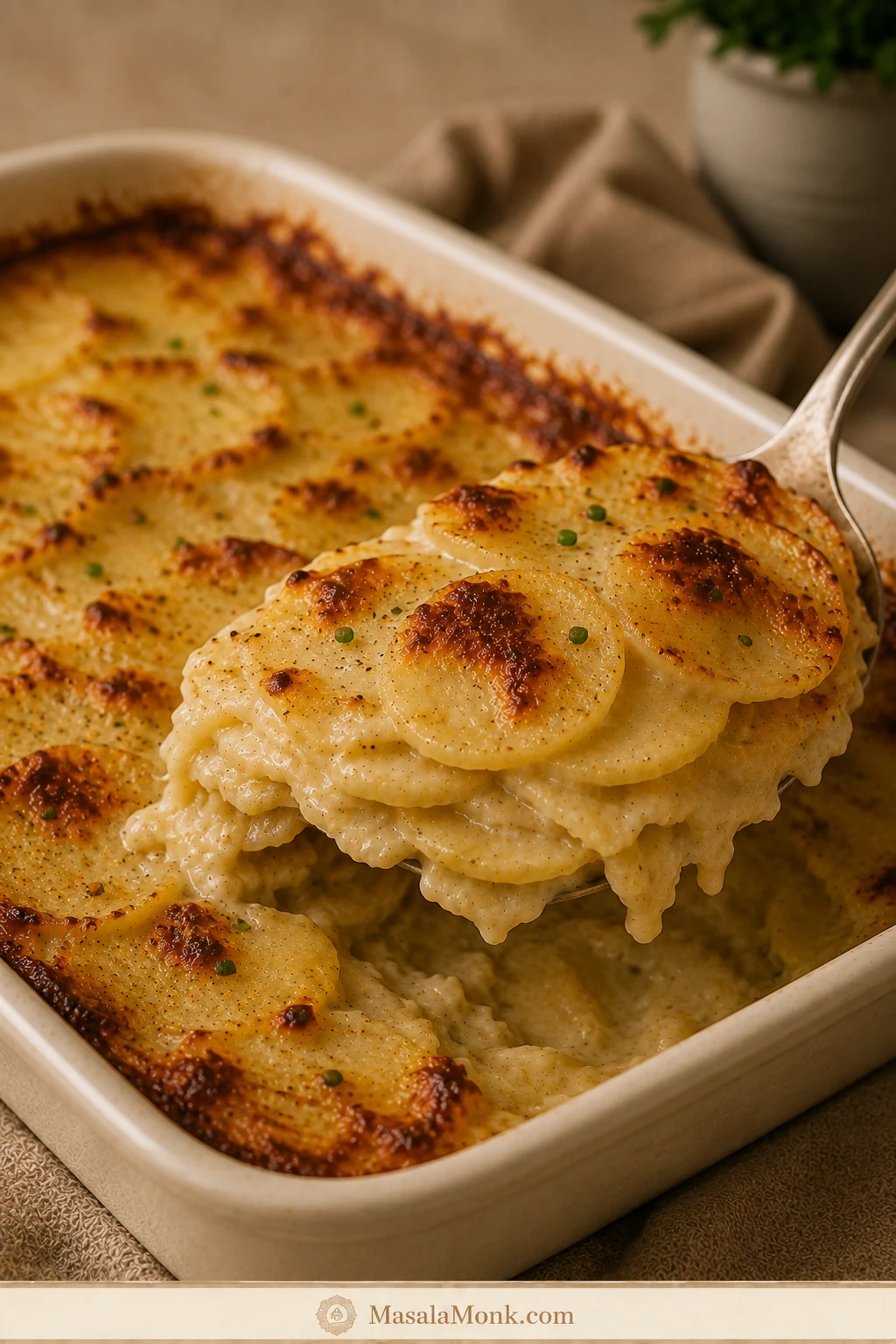 Shallow casserole of scalloped potatoes with a serving lifted to reveal thin, tender potato layers coated in creamy sauce and browned around the edges.