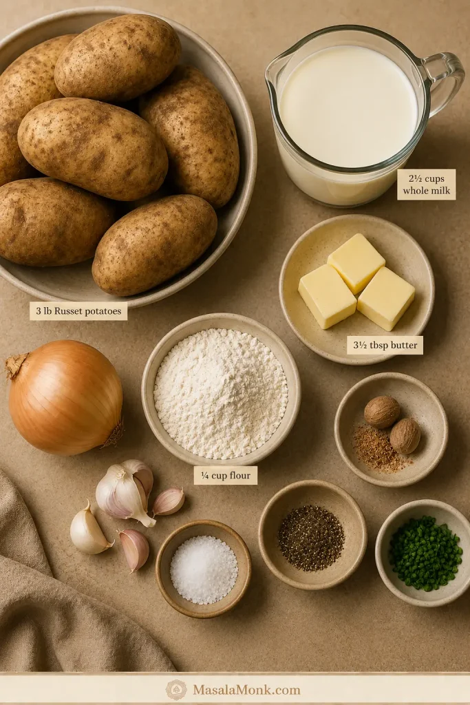 Russet potatoes, whole milk, butter, flour, onion, garlic, salt, pepper, nutmeg and fresh herbs arranged for making scalloped potatoes.