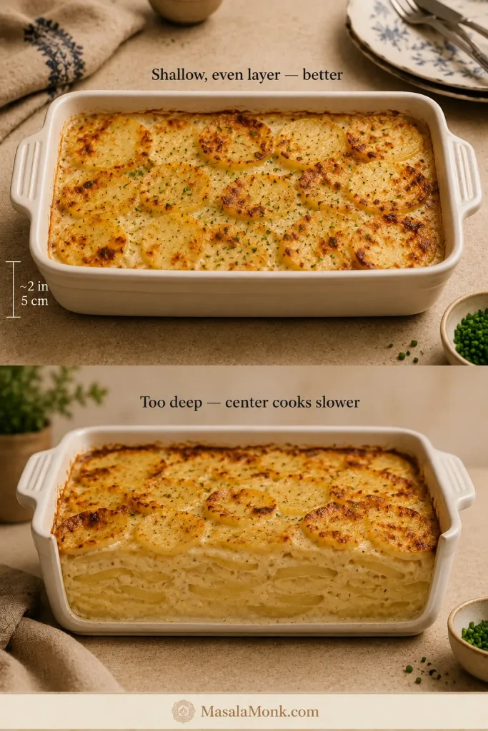 Comparison of scalloped potatoes arranged in a shallow casserole and stacked much more deeply in another dish where the center cooks more slowly.