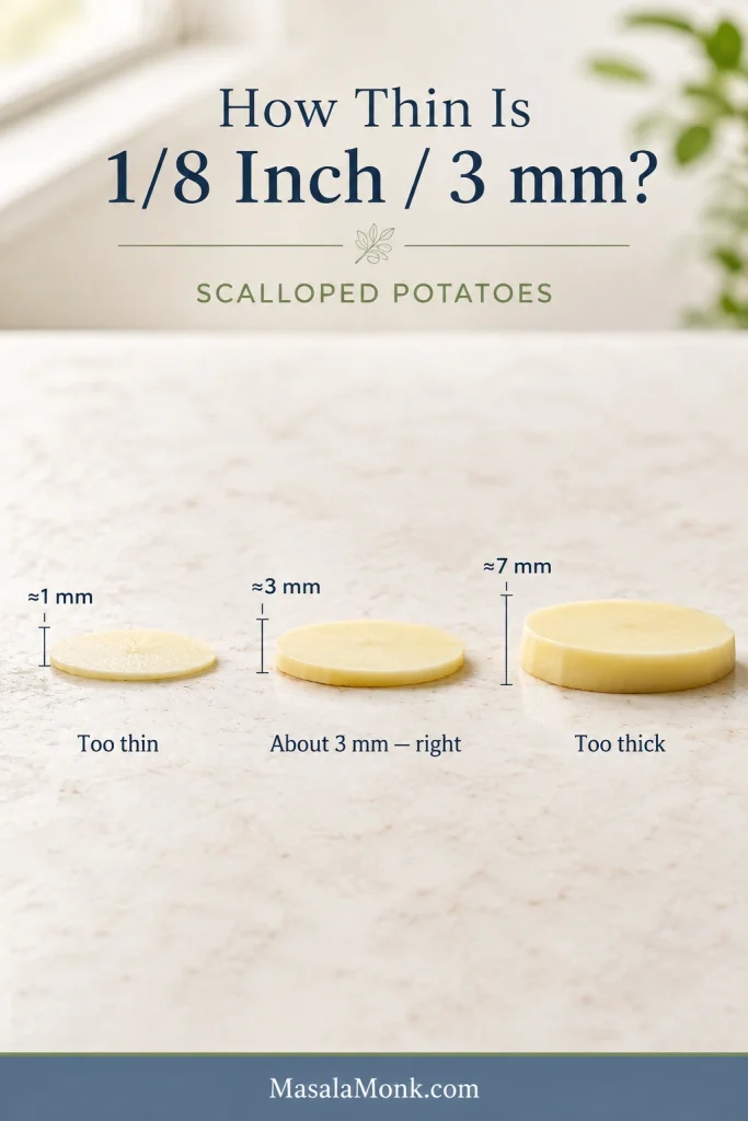 Three potato slices compared by thickness, with about 3 millimeters shown as correct between a thinner and a much thicker slice.