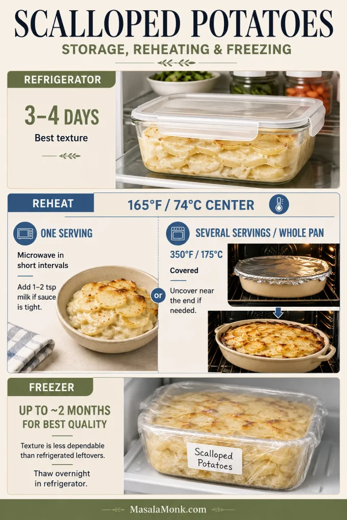 Storage guide showing the casserole refrigerated for 3 to 4 days, reheated to 165 degrees Fahrenheit, or frozen for about two months for best quality.