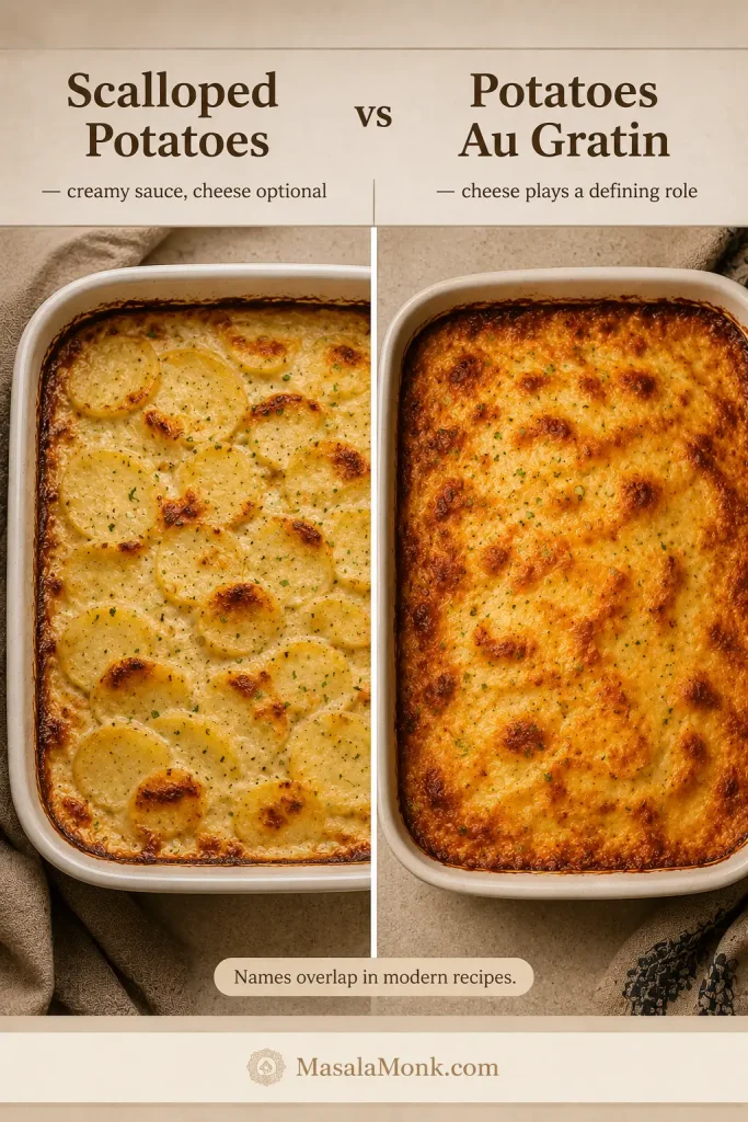 Creamy scalloped potatoes without a cheese crust compared with potatoes au gratin topped with a visibly browned cheese layer.