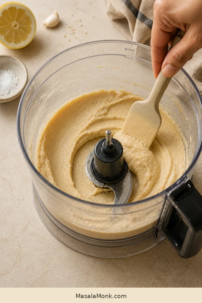 Hand scraping hummus from the processor wall toward the blade with a pale silicone spatula.