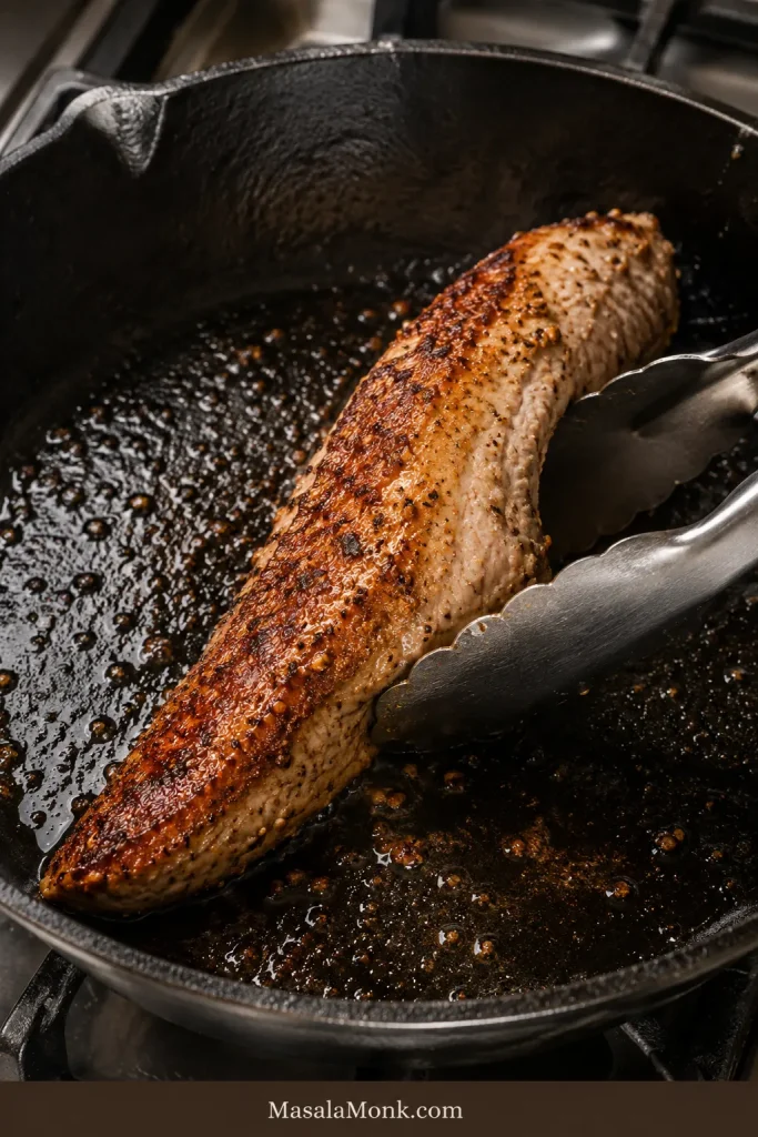 Tongs turning tapered pork tenderloin in a cast-iron skillet, with one side deeply browned and the rest still lighter.