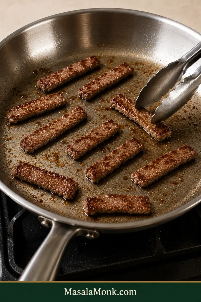 Thin beef strips browning with clear space between them in a stainless steel skillet while metal tongs turn one browned strip.