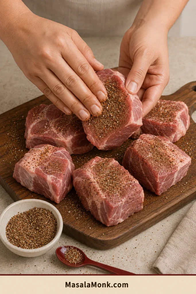 Hands rub a dry spice mixture over the sides, cut faces and folds of several large raw pork shoulder pieces.