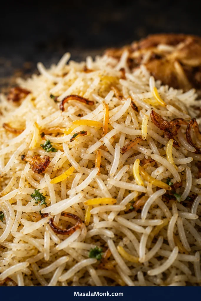 Close-up of long separate basmati grains with scattered saffron colour, crisp fried onions and small herb pieces.