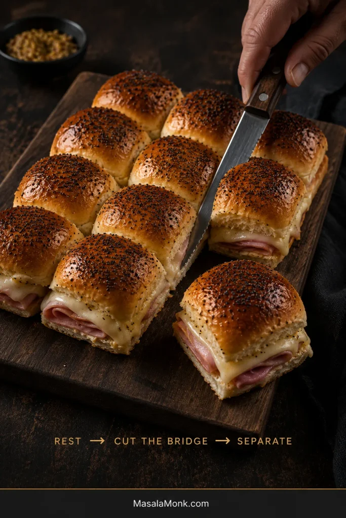 Serrated knife cutting through ham and melted Swiss between two baked sliders.