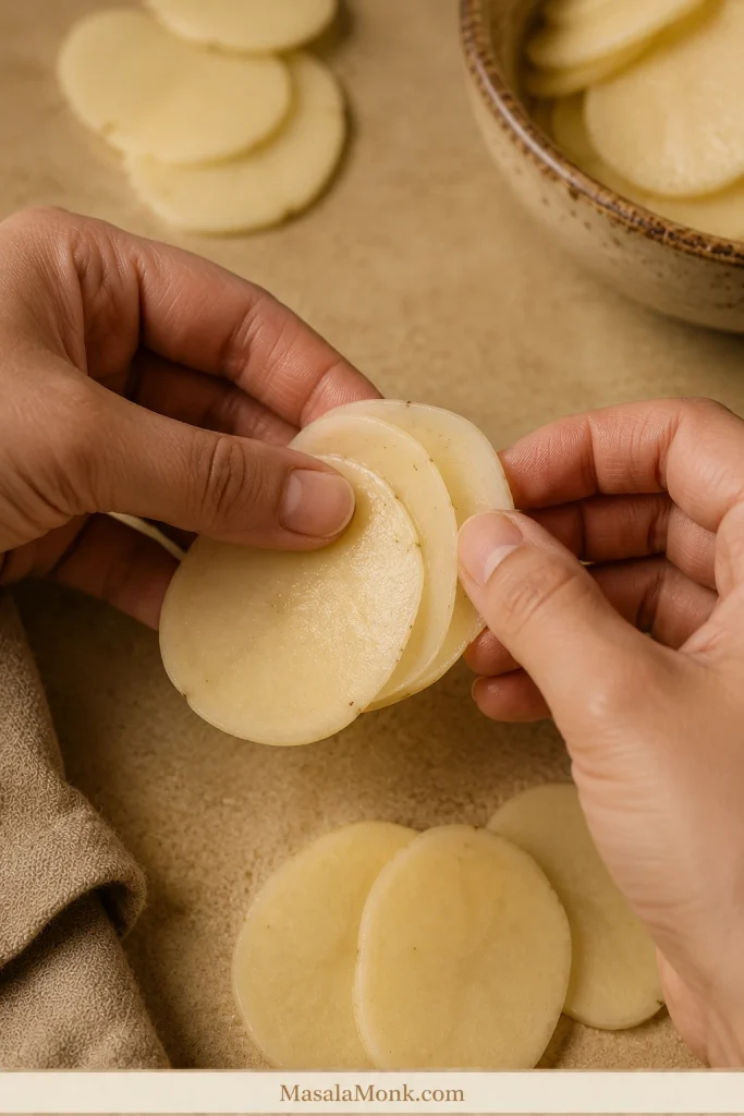 Hands gently separating thin raw potato slices that have stuck together before layering them in the casserole.