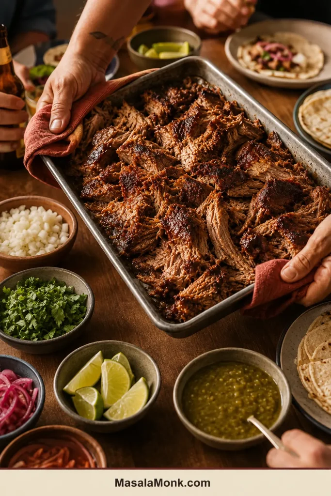 Hands carry a hot tray of crisp pork carnitas toward a table with tortillas, chopped onion, cilantro, lime and salsa verde.