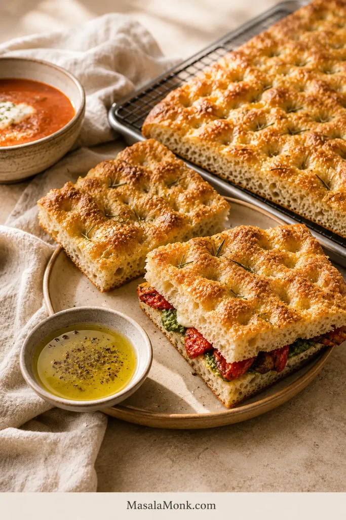 Rosemary focaccia served with olive oil and tomato soup, with one piece split and filled as a sandwich.