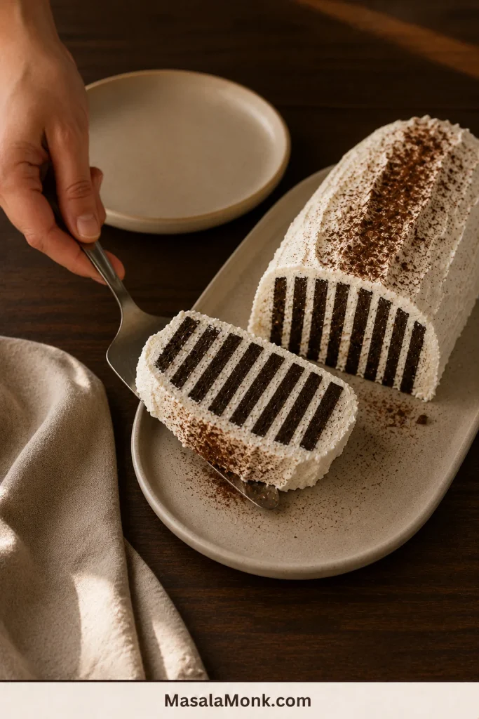 Hand lifting the first zebra-striped slice from a chocolate wafer icebox cake toward an empty dessert plate on a warm wooden table.