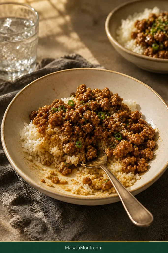 Partially eaten bowl of sesame ground chicken and white rice with a spoon resting inside, scattered scallions and sesame, a glass of water and a second bowl softly blurred behind it.