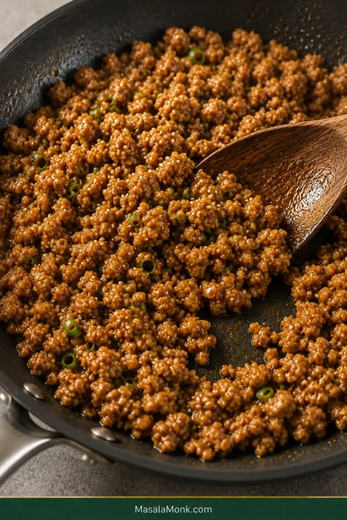 Close-up of irregular sesame ground chicken crumbles lightly coated in glossy amber sauce as a wooden spoon moves through the skillet.