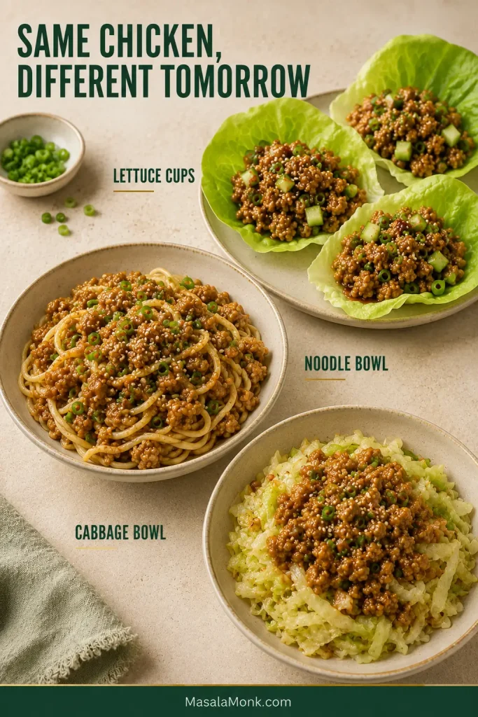 Three leftover sesame ground chicken meals: lettuce cups with cucumber and scallions, a noodle bowl with warmed chicken, and sautéed cabbage topped with sesame ground chicken.