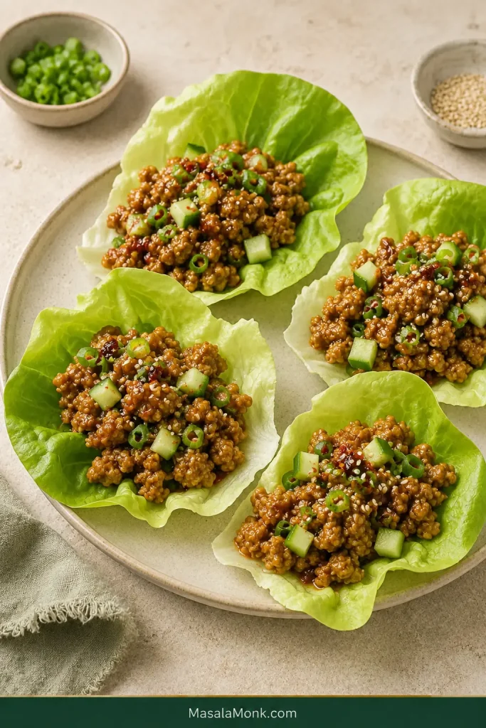 Four butter lettuce cups filled with sesame ground chicken, diced cucumber, sliced scallions and toasted sesame seeds.