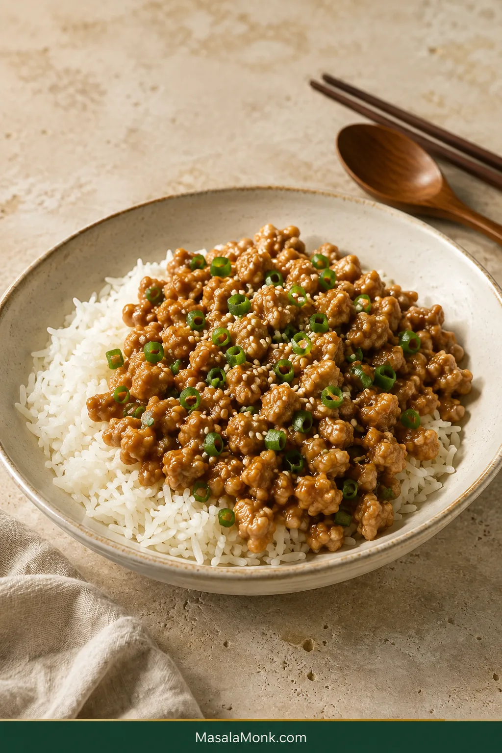 Bowl of jasmine rice topped with glossy sesame ground chicken, sliced scallions and toasted sesame seeds.